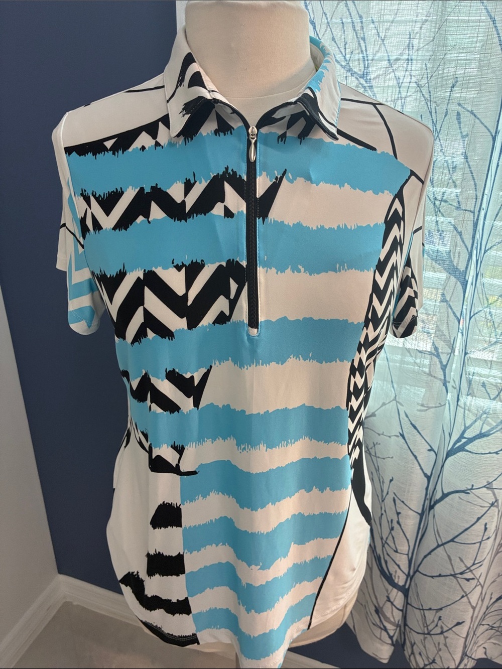 Jamie Sadock Blue & White Graphic Polo Shirt with Zip Neck